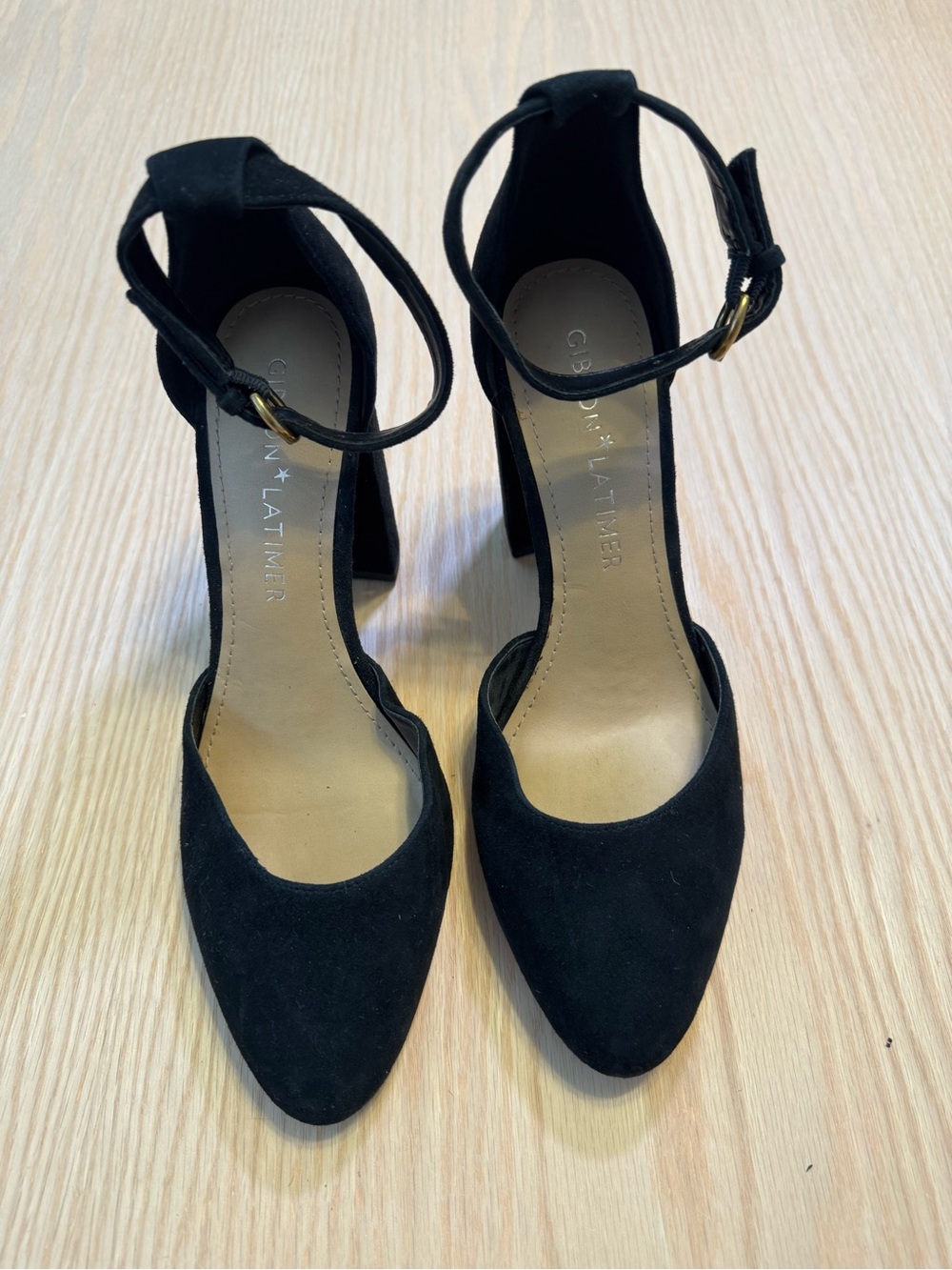 Gibson Latimer Black Suede Pointed Ankle-Strap Heels